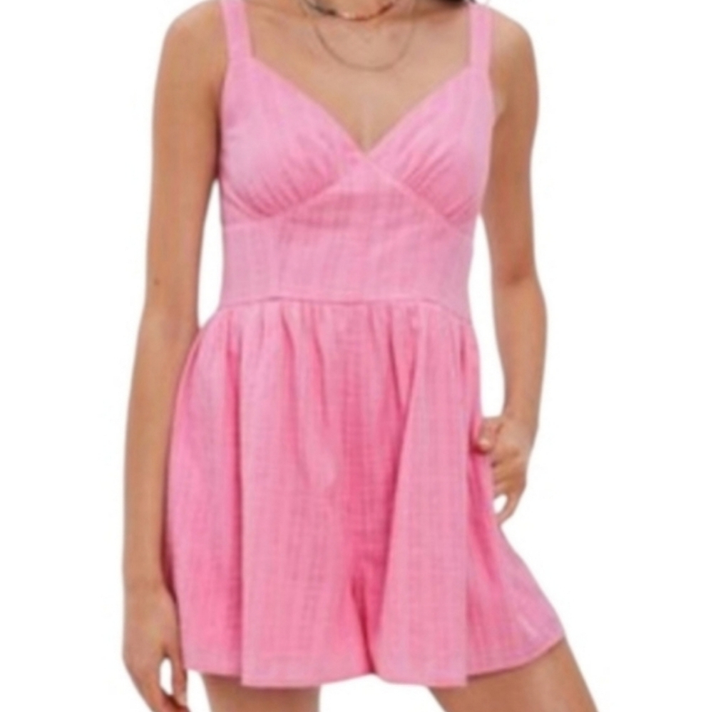 American Eagle Barbie Pink Sweetheart Corset Smocked Romper with Pockets, Size S